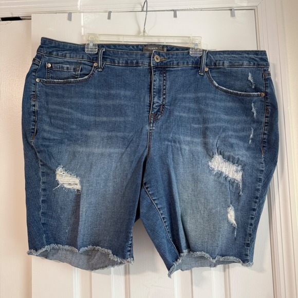 torrid Pants - Torrid sz 26 Denim Jean Shorts Medium Wash Distressed Stretchy Bermuda